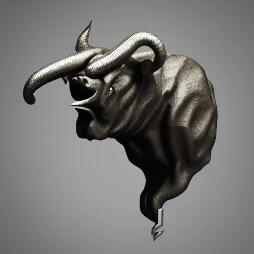 Image similar to 3 d render melted bull head, sculpture, chrometype, liquid metal, neotribal, raytraced, volumetric lightning, 8 k by wlop, innate studio h - 1 0 0 0 w - 1 0 0 0