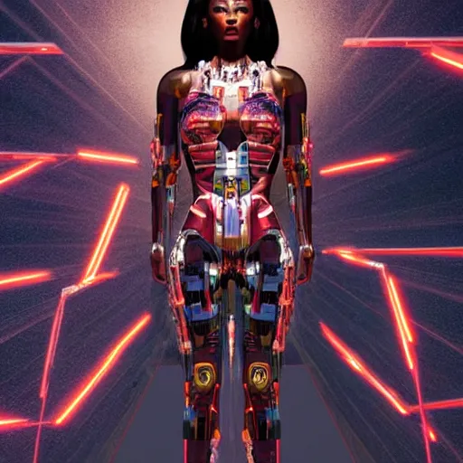 Prompt: full body portrait of the muscular Caribbean Android Queen, by DC comics and Sandra Chevrier and beeple, artstation, volumetric lighting and fog, hyperrealism, hyper detailed futuristic royalty, award winning costume design, cybernetic bionic ancient cyborg, fashion show runway, futuristic fine textures, woven with electricity, high fashion superpowers, floating dust particles, bokeh, mystic haze, 4k UHD, HDR