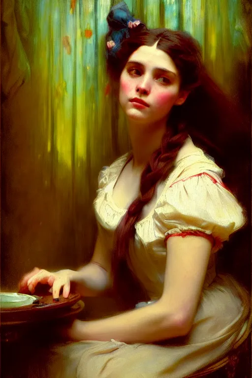 Image similar to soft colorsphotograph imax and solomon joseph solomon and richard schmid and jeremy lipking victorian loose genre loose painting full length portrait painting of pretty barmaid disney