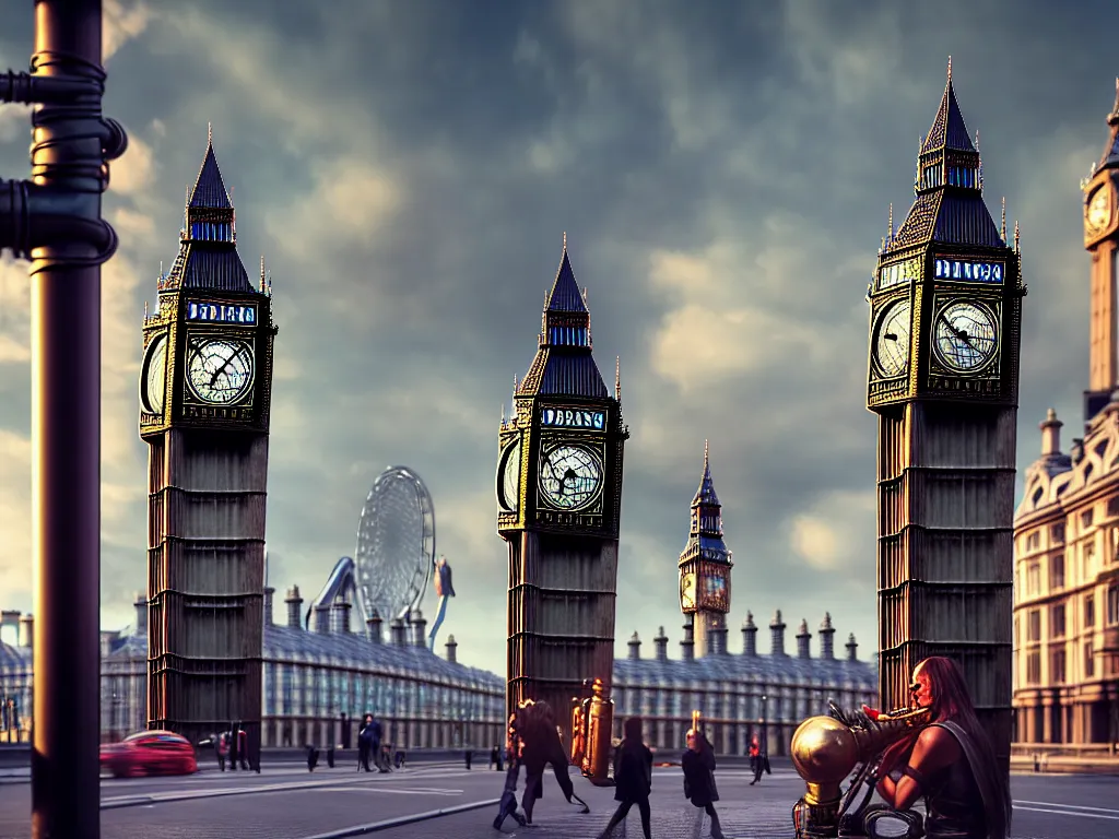 Image similar to a giant ancient beautiful cyborg of the elder gods with pipes and tubes in the city of London, an image of a beautiful cyborg, a beautiful cyborg, a cyborg, London streets with one bigben in the background, colourful, dramatic lighting, spring time, very detailed octane render very realistic beautiful