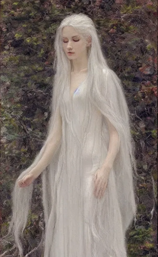 Image similar to say who is this with silver hair so pale and wan! and thin!? female angel, wearing white robes flowing hair, fair body, white dress!! silver hair, covered!!, clothed!! lucien levy - dhurmer, fernand keller, oil on canvas, 1 8 9 6, 4 k resolution, aesthetic, mystery