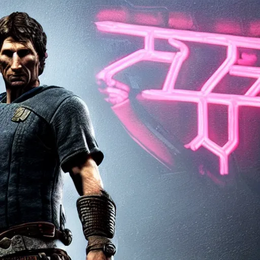 Image similar to todd howard with a pistol, forcing you to buy skyrim, threatening, sharp, cinematic, colorful, digital art, neon, bright, cyberpunk, blade runner 2 0 4 9, realism, bold