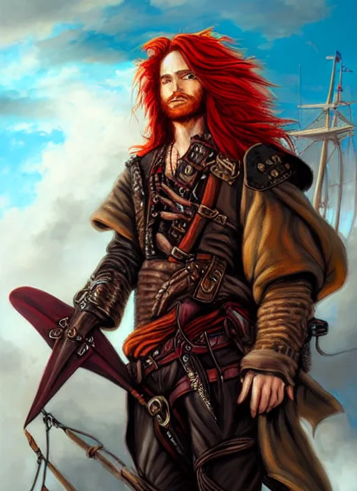 Image similar to an epic fantasy comic book style portrait painting of a long haired, red headed male sky - pirate in front of an airship in the style of eve ventrue