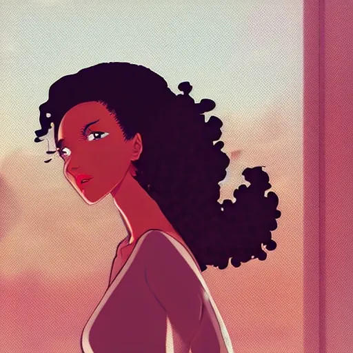 Prompt: a beautiful woman with afro hair african american skin , dark brown hair and tan skin, dark brown eyes, city landscape, 4k, anime key visual, lois van baarle, ilya kuvshinov, rossdraws, artstation