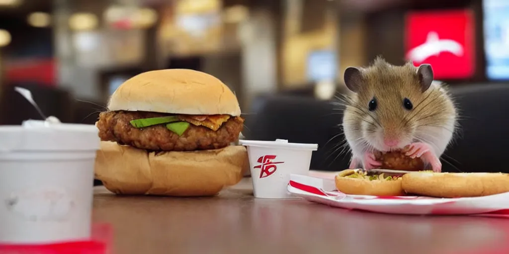 Image similar to a hamster eating burger at kfc, looks very happy