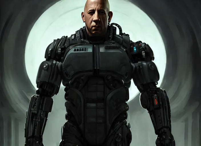 Image similar to vin diesel as victor stone, full body concept, cyborg, borg, strogg, face of a man, terminator, flesh, quake strogg, doom demon, wolfenstein, monstrous, powerful, symmetry, symmetrical, concept art by ruan jia and greg rutkowski