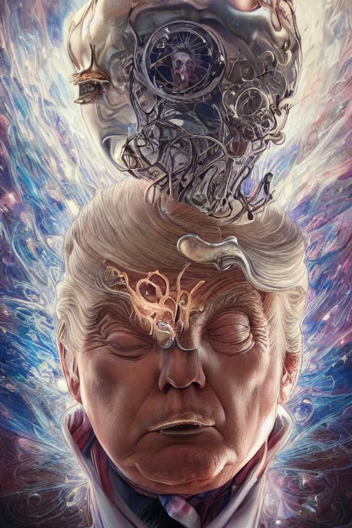 Prompt: donald trump, by artgerm and yoshitaka amano and moebius and hr giger and zdislaw beksinski and alphonse mucha, hyperdetailed, symmetry, glamour, surreal, dc comics, ornate, stunning, nebula, explosions in the sky, trending on artstation
