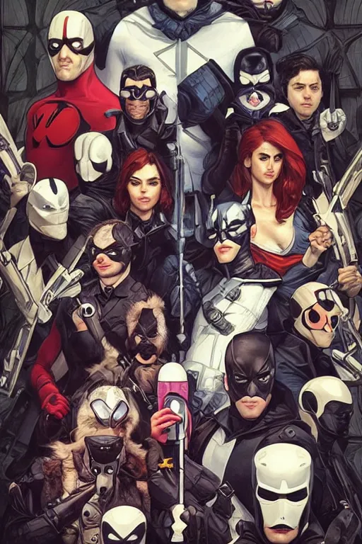 Prompt: group portrait of the Umbrella Academy, superheroes, domino masks, movie poster, highly intricate, elegant, realistic faces, highly detailed, digital painting, artstation, concept art, cel-shaded, smooth, sharp focus, illustration, art by artgerm and greg rutkowski and alphonse mucha