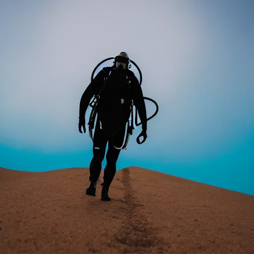 Prompt: a scuba diver walking in the desert, photography, highly detailed, high quality, 8 k, soft lighting,
