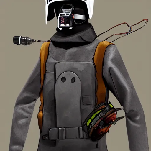 Image similar to futuristic rebel wearing black helmet, brown cloak, technical vest, and a radio backpack, photorealistic, digital art