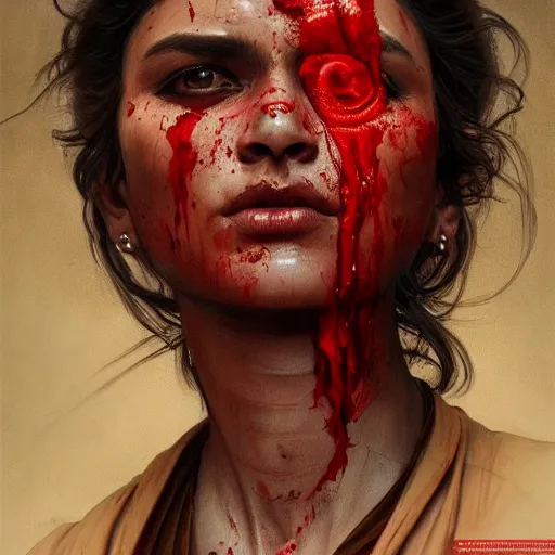 Image similar to portrait painting of a bloodied south indian female butcher, ultra realistic, concept art, intricate details, eerie, highly detailed, photorealistic, octane render, 8 k, unreal engine. art by artgerm and greg rutkowski and alphonse mucha