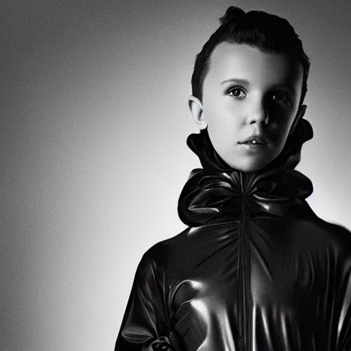 Image similar to a beautiful award winning photo of millie bobby brown wearing a trash bag, cinematic, atmospheric, tatiana lopez photograph