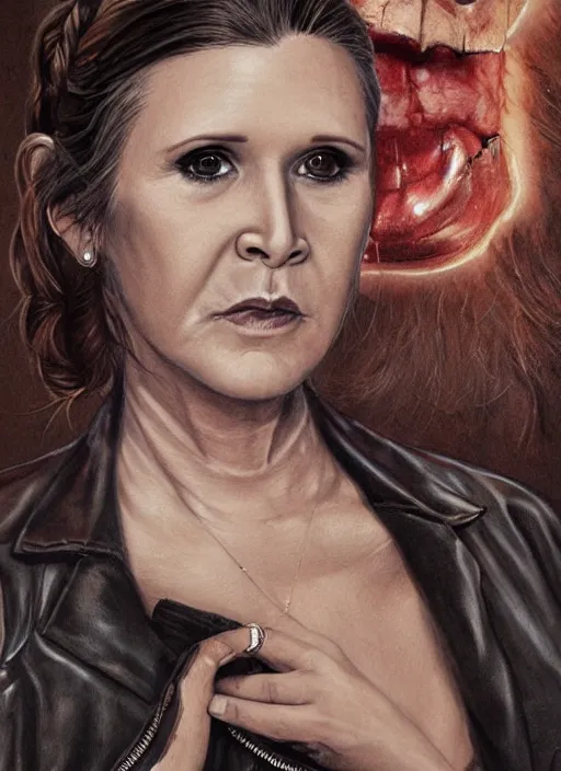 Prompt: portrait of carrie fisher, gritty, dark, wearing a leather jacket, very detailed eyes, hyperrealistic, very detailed painting by Glenn Fabry, by Joao Ruas, by Artgerm