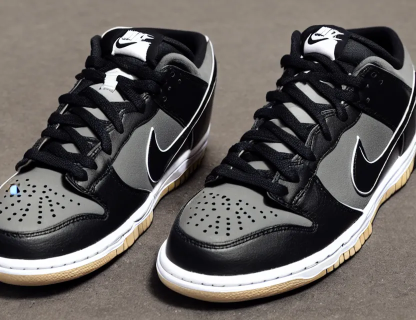 Image similar to a press photograph of nike dunk low black and white, size 1 0, white background