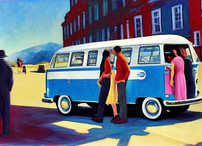 Image similar to detailed painting two young men and women in front of blue vw bus by edward hopper, bernardo bertolucci dreamers movie scene