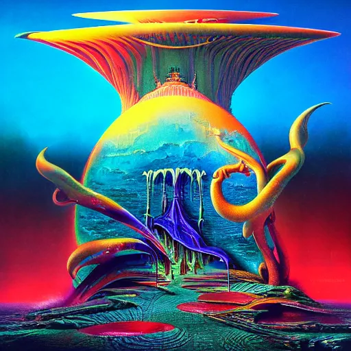 Image similar to Progressive Metal album cover in the style of Bruce Pennington and kenny scharf and mark arian, realistic, insanely detailed, soft, smooth, airbrush, play-doh, wet, slimy