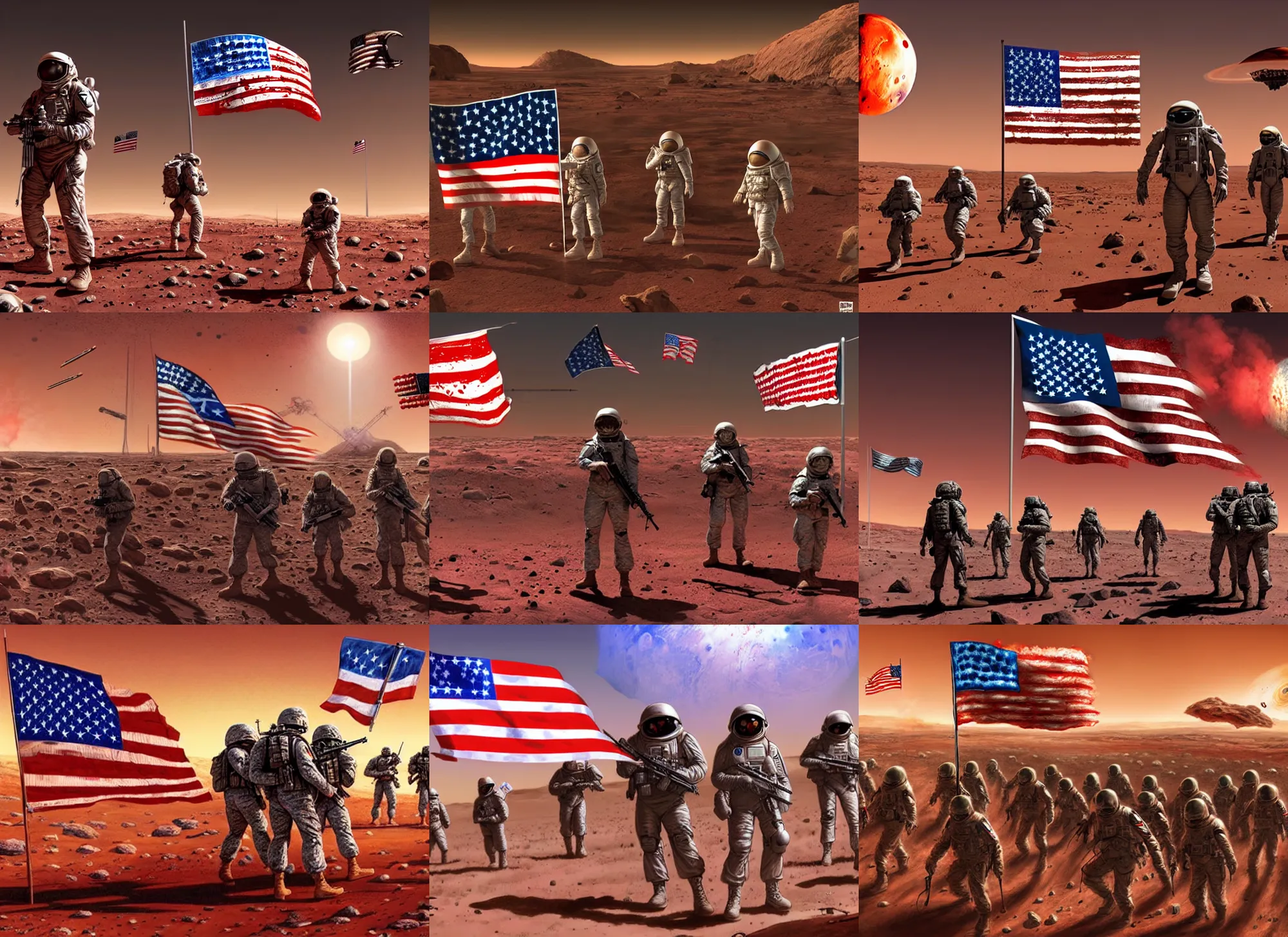 Prompt: american soldiers invaded mars, lot of dead peaceful aliens, raised a bloody american flag, realistic 4 k, mars invasion 2 0 3 3 - 2 0 4 2, war digital art by greg ritkowski