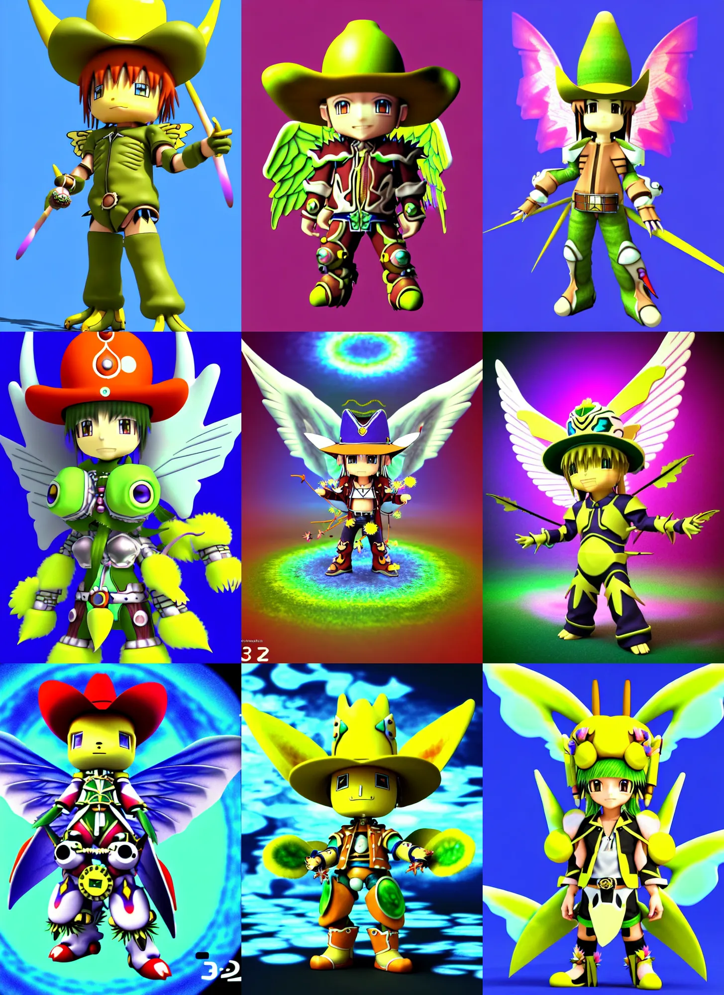 Prompt: 3d render of chibi digimon arbormon knight by Ichiro Tanida wearing a big cowboy hat and wearing angel wings against a psychedelic swirly background with 3d butterflies and 3d flowers n the style of 1990's CG graphics 3d rendered y2K aesthetic by Ichiro Tanida, 3DO magazine