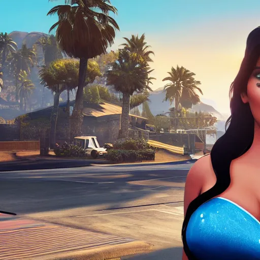 Image similar to kim kardashian as princess jasmine in GTA 5 full Hd octane render 8k