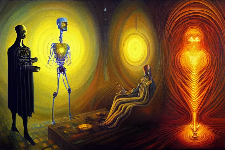 Prompt: a beautiful masterpiece painting of a cybernetic wizard discussing sentience with his AI by Remedios Varo and Anato Finnstark
