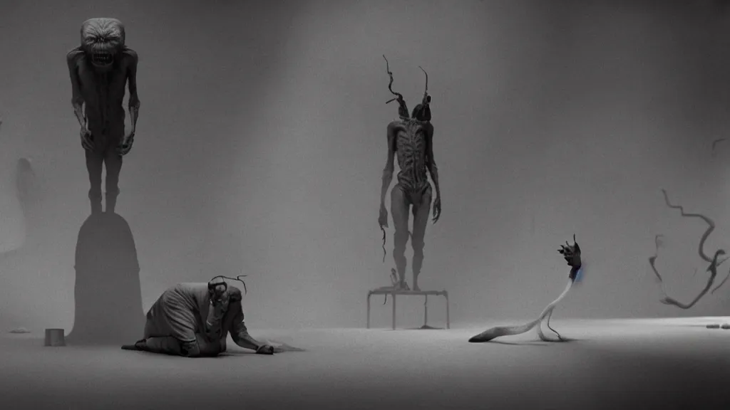 Image similar to a mad scientist in his lab, creates a creature, film still from the movie directed by denis villeneuve and david cronenberg with art direction by salvador dali and zdzisław beksinski, wide lens