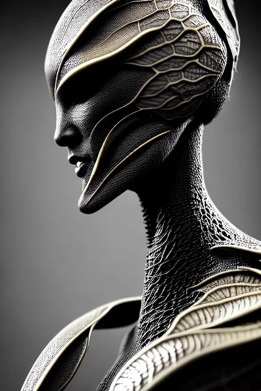 Image similar to bw close - up profile face, black background, beautiful young porcelain vegetal - dragon - cyborg - female, 1 5 0 mm, beautiful natural soft rim light, silver gold details, magnolia leaves and stems, roots, mandelbot fractal, elegant, ultra detailed, white metallic armour, octane render, h. r. giger style