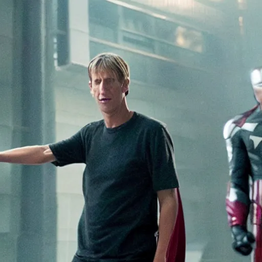 Image similar to A still of Tony Hawk in the film Avengers, high definition