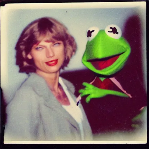 Prompt: found polaroid of my parents who look exactly like Taylor Swift and Kermit the frog