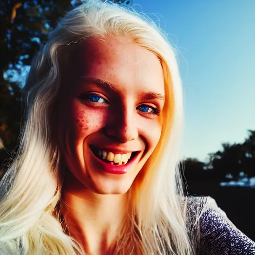 Image similar to beautiful selfie of a cute thin young woman smiling smugly, long light platinum blonde hair, flushed face, small heart - shaped face, cute freckles, light blue eyes, golden hour, 8 k, instagram