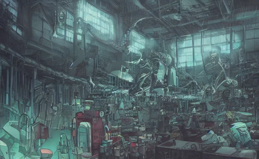 Image similar to a bio - monster in a mess warehouse, crystal lights, resident evil, sci - fi atmosphere, cel - shading, cinematic, artstation, studio ghibli, miyazaki, highly details