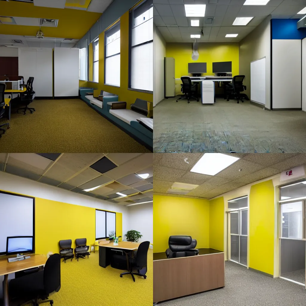 Prompt: An office space with moldy carpet, yellow walls, and buzzing fluorescent lights, award winning photo