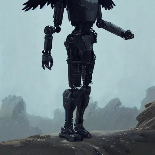 Prompt: self portrait of a robot raven. Full body with draped fabric and body armor, digital art, realistic, ultradetailed, concept art in the style of A new Hope, art by greg rutkowski and thomas kinkade, trending on artstation, devianart, cgsociety. Wide angle shot