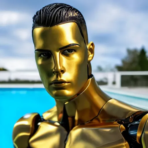 Image similar to a realistic detailed photo of a guy who is an attractive humanoid who is half robot and half humanoid, who is a male android, soccer player cristiano ronaldo, shiny skin, posing like a statue, blank stare, by the pool, on display, showing off his muscles, humanoid robot, gold soccer shorts