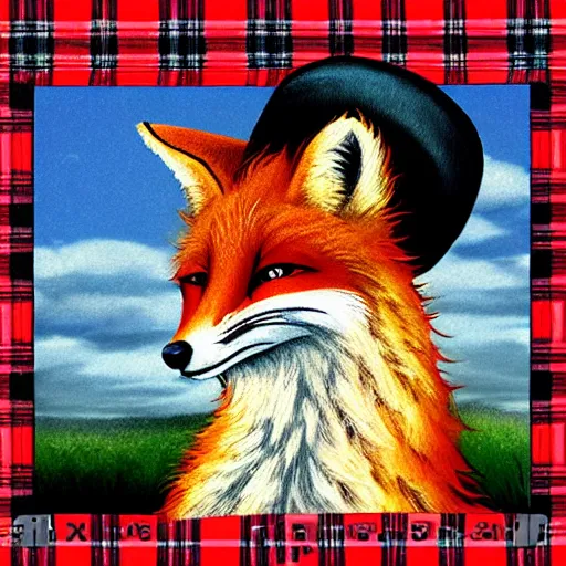 Image similar to a female fluffy anthropomorphic fox animal, head of fox, wearing cowboy hat, wearing plaid shirt, playing guitar, in a field, barn in background, album cover style