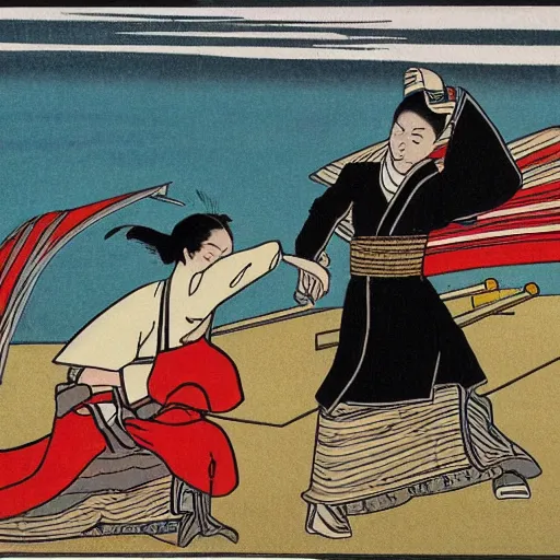 Image similar to Beautiful Japanese woman running from an old samurai on the beach Toshio Saeki, high detailed