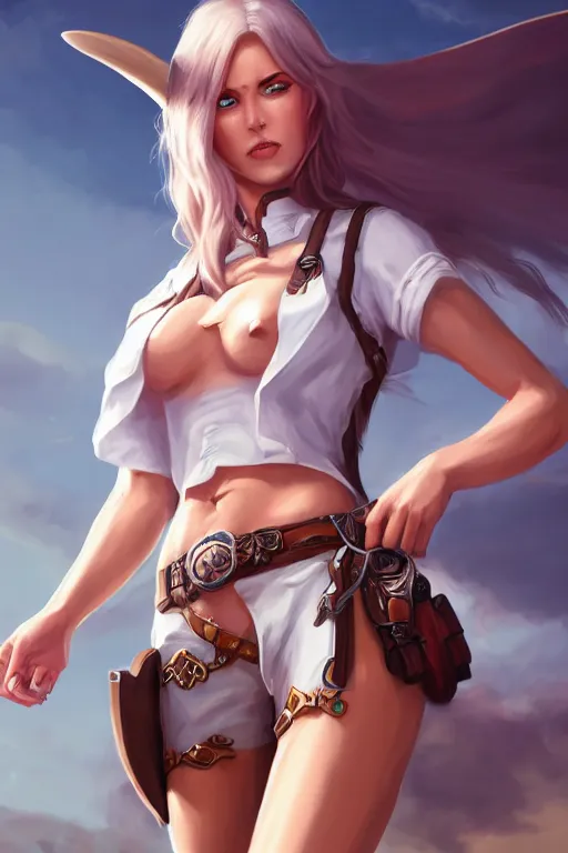 Image similar to full body, female cowgirl, perfect face, white blouse, holster, 8 k, magic the gathering, desert, d & d, artstation, high detail, smooth, muscular