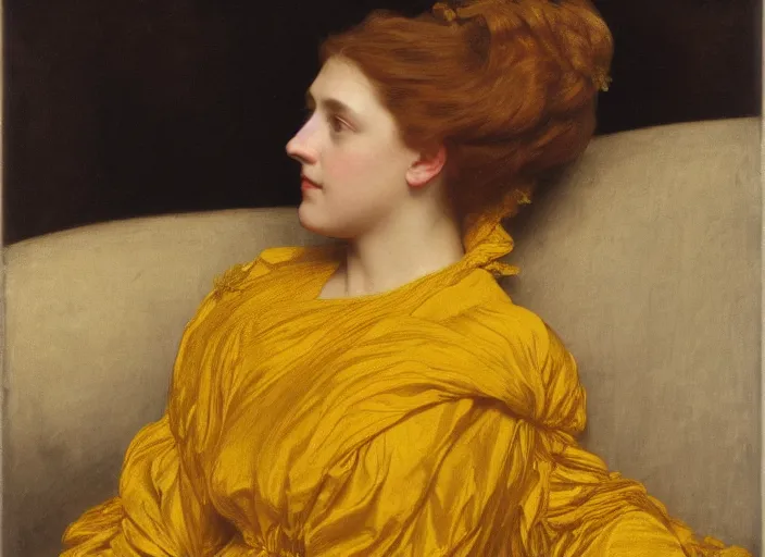 Image similar to portrait of jemma channing, wearing yellow ochre, preraphaelite colour photography by frederic leighton, 8 k