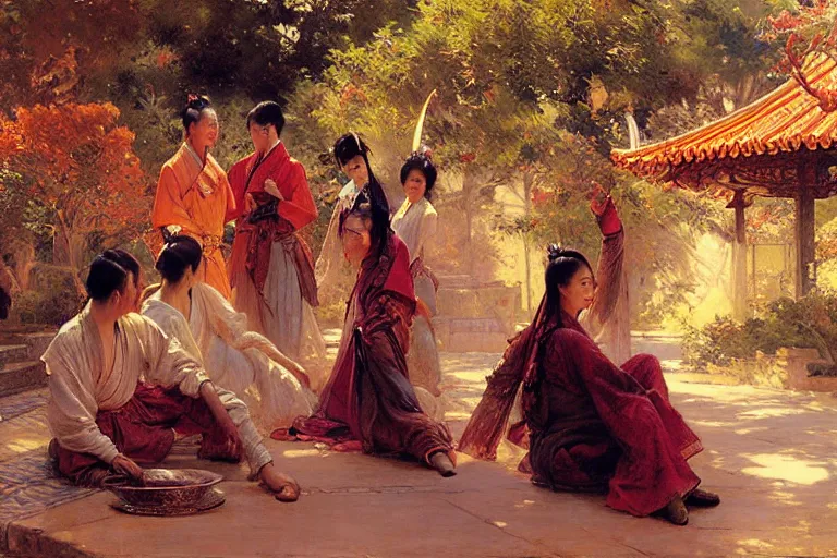 Image similar to wuxia, autumn, people rest in the garden, painting by gaston bussiere, craig mullins, j. c. leyendecker