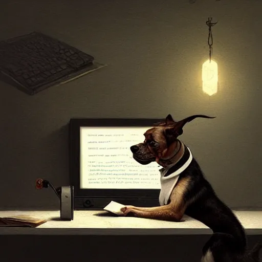 Image similar to a dog reviewing texts in a computer, art by greg rutkowski, intricate, elegant, highly detailed, smooth, sharp focus, artstation