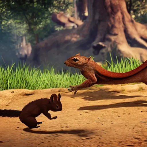 Prompt: screenshot of animal fighting game on ps 4, squirrel vs lizard, unreal engine,