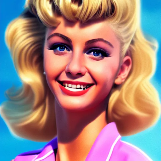 Prompt: a portrait of a beautiful blonde Sandy from Grease (1978), smiling, clear eyes, illustration, soft lighting, soft details, painting oil on canvas, octane render, HDR, trending on artstation, 4k, 8k, HD