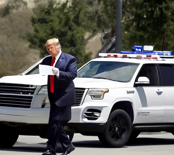 Prompt: close up photo donald trump driving white suv, freeway, police cars, ap news photo