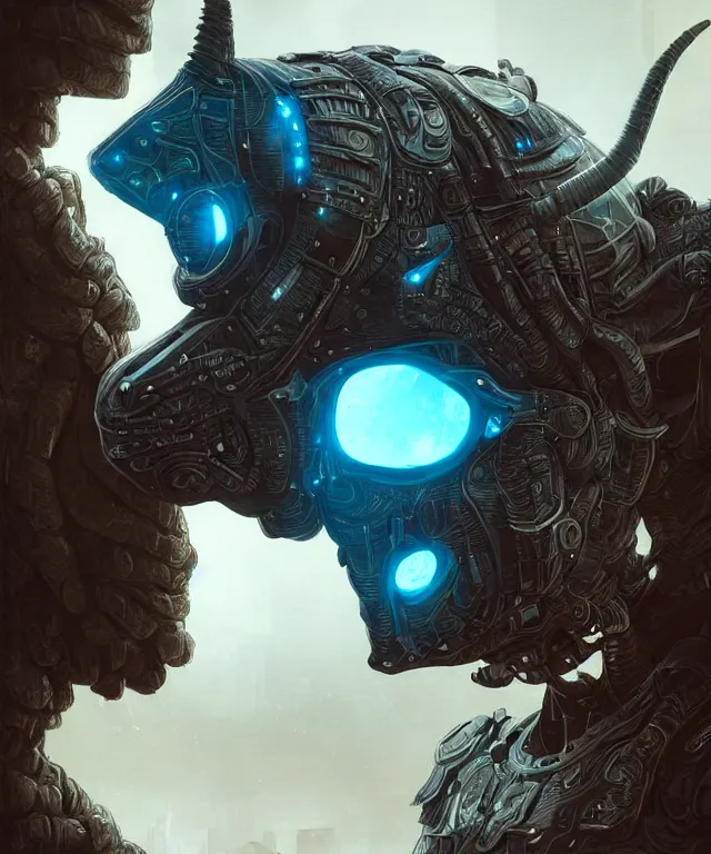 Prompt: an anthropomorphic rhinoceros portrait wearing sci fi armor, front facing!!!, surrealism , scifi, intricate cyberpunk armor, elegant, highly detailed cyberpunkbody armor, neon glowing eyes, digital painting, artstation, concept art, smooth, sharp focus, illustration, art by Artgerm and moebius and Peter Mohrbacher,