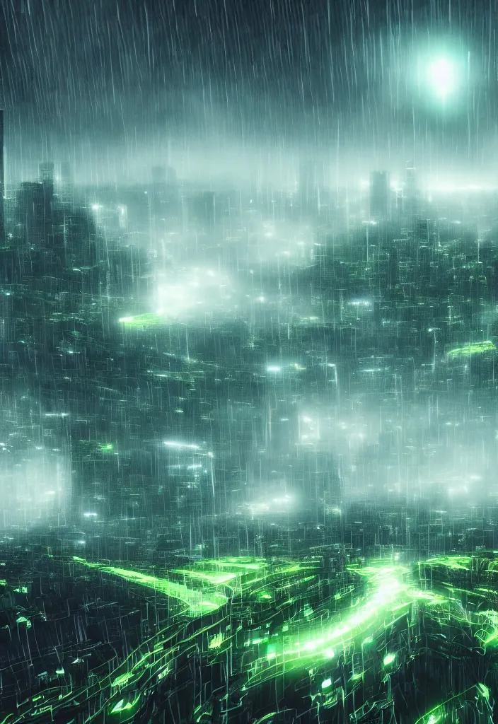 Prompt: many green wormholes opening over the top of a vast megacity, cybergothic, rain, pollution, volumetric light, rendered in octane, ray tracing on epic settings, epic scale, epic scene