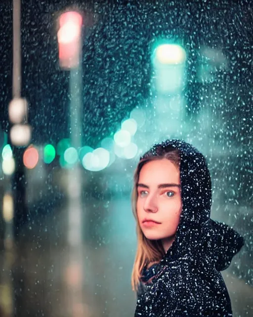 Prompt: a closeup portrait of as beautiful young woman wearing a transparent hoody standing in the middle of a busy night road, raining with lots on neon lights on the background