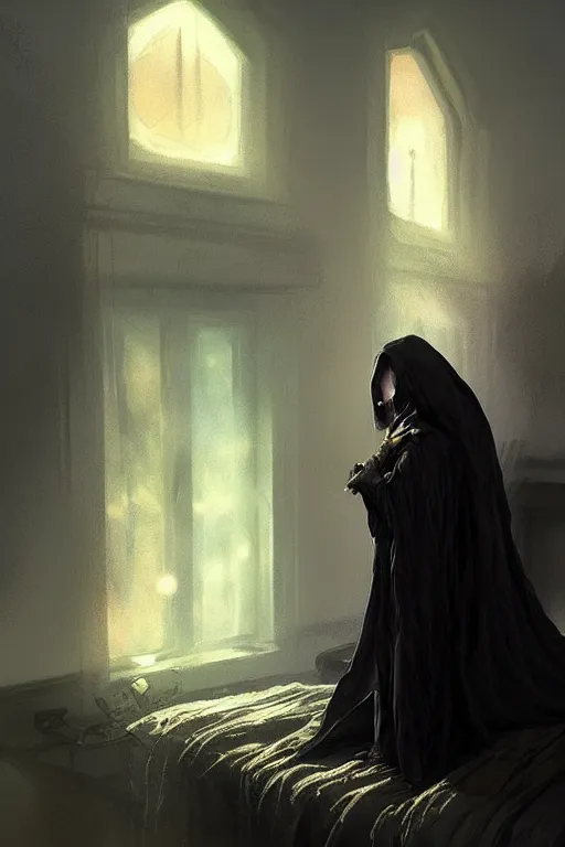 Image similar to death waking up from the bed , death is wearing black robe, together with him Vesa Matti Loiri sunrise coloring the room,fantasy, intricate, elegant, highly detailed, digital painting, artstation, concept art, smooth, sharp focus, illustration, art by Ilja Repin