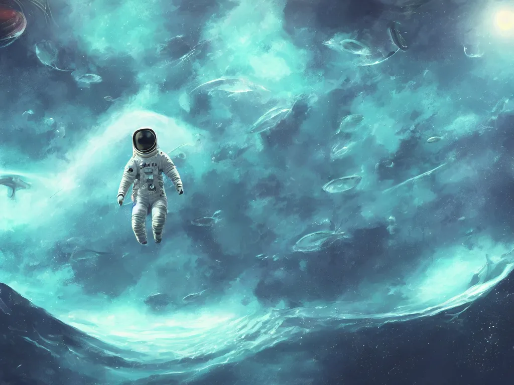 Prompt: a digital painting of an astronaut floating in an alien ocean surrounded by alien fish