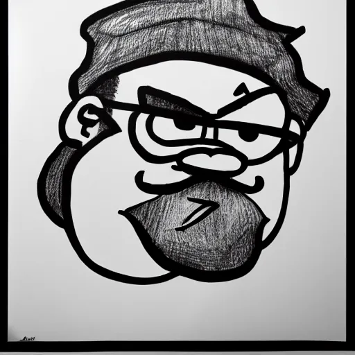 Image similar to continuous single line contour - drawing of wario, pen on white paper