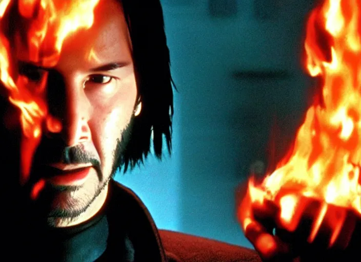 Image similar to A photo of Keanu Reeves as Neo in The Matrix movie doing a thumb up to the camera in front on burning servers, servers in flames in the background, doing a thumb up, The Matrix servers on fire, uncropped, full body, crispy, symmetrical face, ultra detailed, cinematic