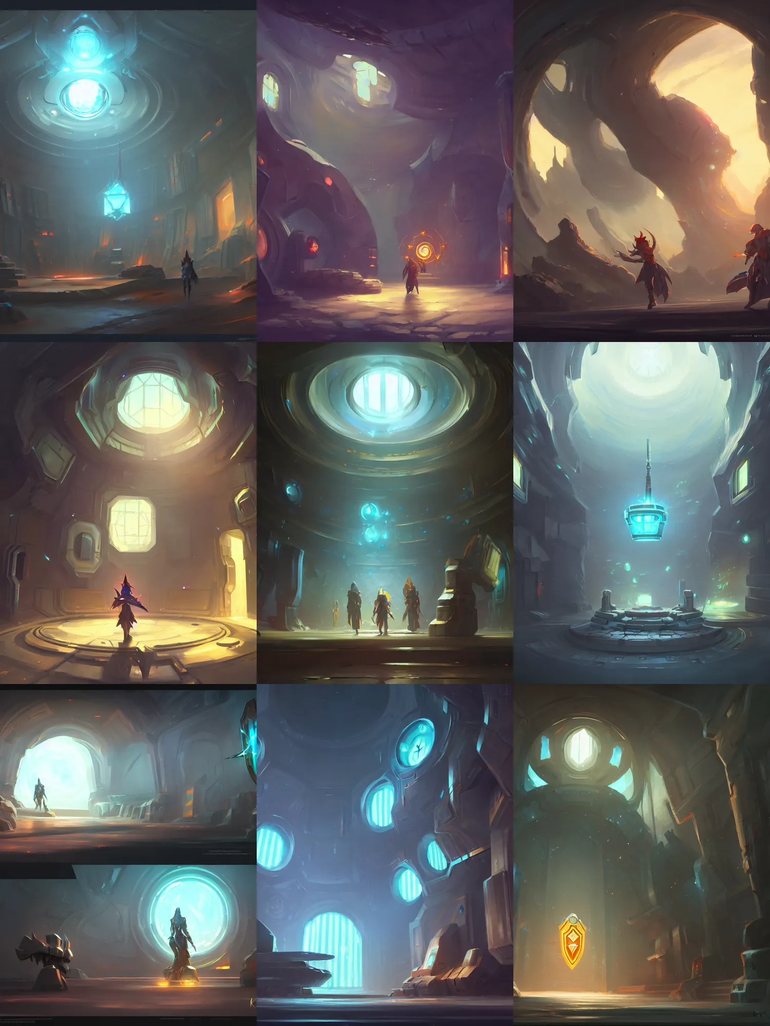 Image similar to sci fi environment concept art featuring a shield enchanted with energy, weapon shop interior, legendary item, shelf, fantasy, trending on artstation, stylistic, brush strokes, oil, canvas, by kawacy and makoto shinkai